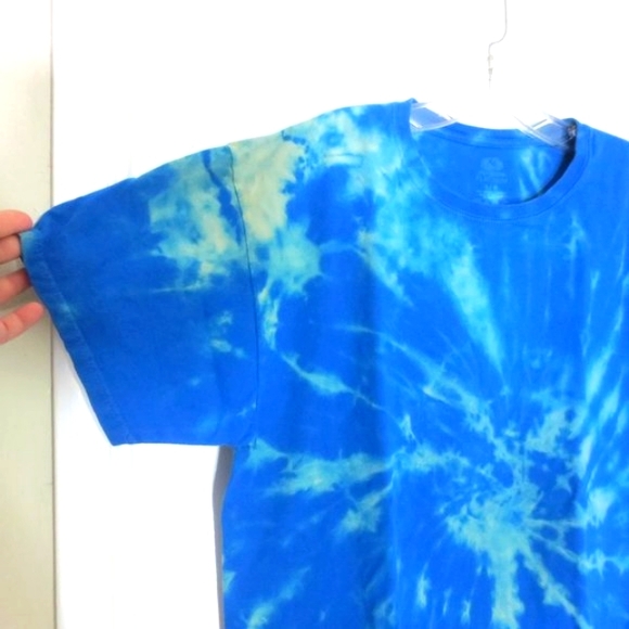 New Upcycled Shirt Reverse Tie Dye Blue Green Stretch Cotton Comfy Unisex Size L - Picture 3 of 7